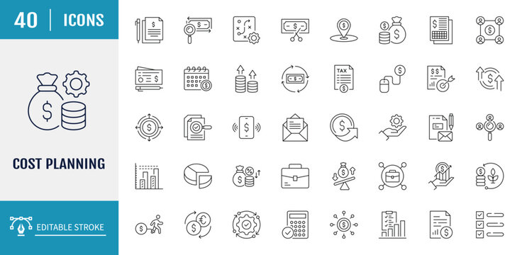 Cost planning icon set. Includes budget, expense, estimate, investment, funding and more. Vector illustration with editable strokes
