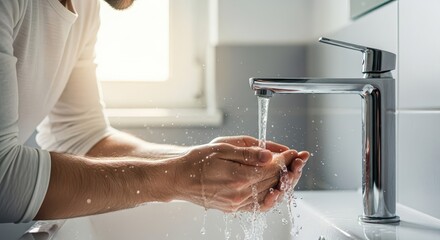 Fototapeta premium Person washes hands under running water from a modern chrome faucet in a brightly lit bathroom