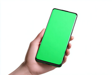 Hand holding smartphone mockup on green matte backdrop, studio lighting, 8K product photography