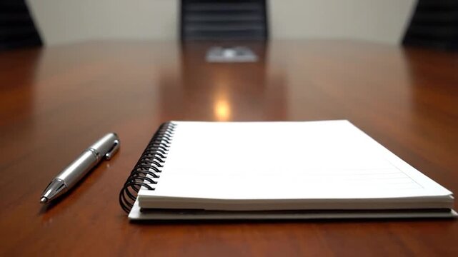 A close-up shot of a pen lying next to a notebook on a wooden table in a boardroom