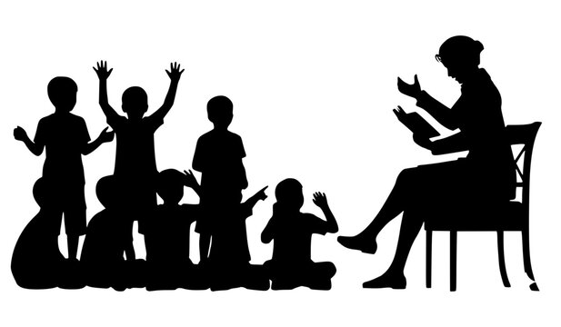 Heartwarming silhouette of a teacher reading a book to a group of engaged children. Perfect for educational, literacy, or childhood development themes.