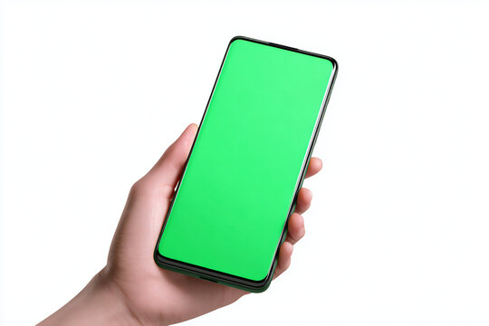 Hand holding smartphone mockup on green matte backdrop, studio lighting, 8K product photography