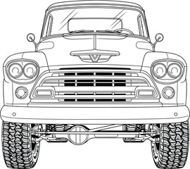 Detailed line art of a vintage pickup truck front view with quad headlights and offroad tires. © Vhya