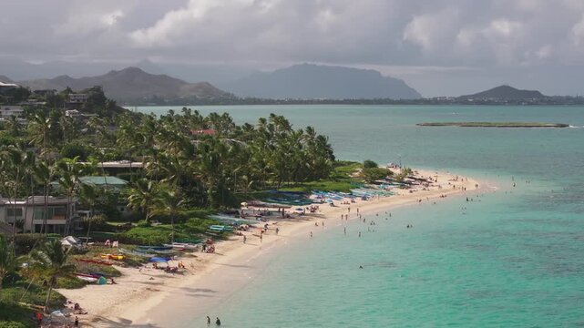 Tropical beach with blue water in Lanikai, sunny drone video, Oahu, hawaii 4K