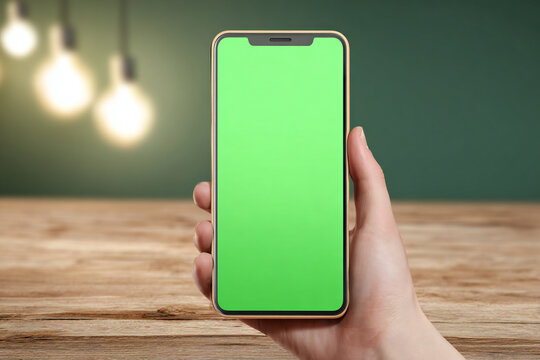 Recycled-plastic smartphone held in hand against green screen, matte finish, 8K product photography