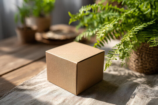 Cardboard packaging box mockup on reclaimed wood table with natural daylight, sustainable aesthetic