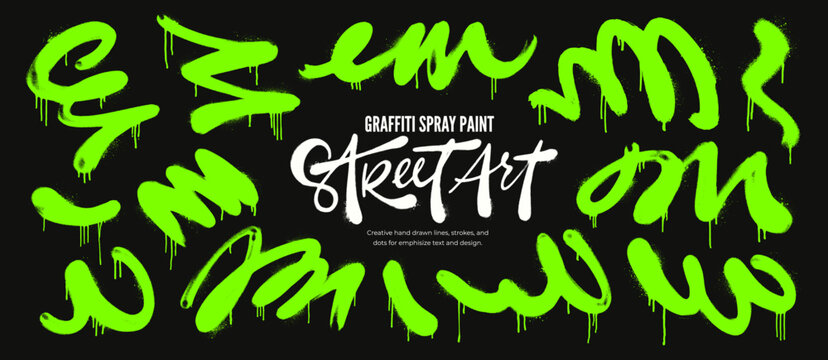 Graffiti acid green squiggle lines set. Brush drawn spray paint bold strokes with loops. Neon green curly and squiggly thick spray paint lines. Aerosol effect for street art and urban poster design.