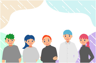 グローバルなチームメンバーが並ぶカラフルなフレームイラスト