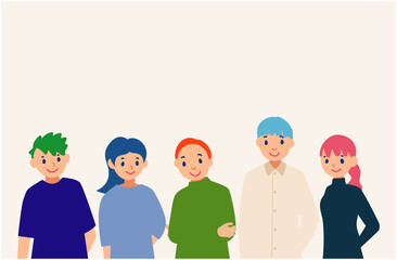 グローバルなチームメンバーが並ぶイラスト