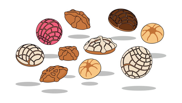 Vibrant illustration of Mexican sweet breads, conchas and pan dulce, scattered with soft shadows on a white background, celebrating culinary tradition