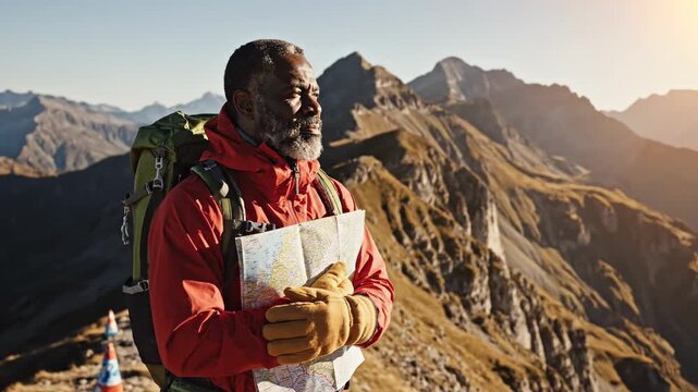 man on mountain. A man stands on a mountain peak, wearing a red jacket and gloves, holding a map while gazing at the scenic landscape illuminated by warm sunlight