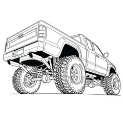 Line art illustration of a custom lifted pickup truck with large offroad tires and visible suspension viewed from a low angle. © Vhya