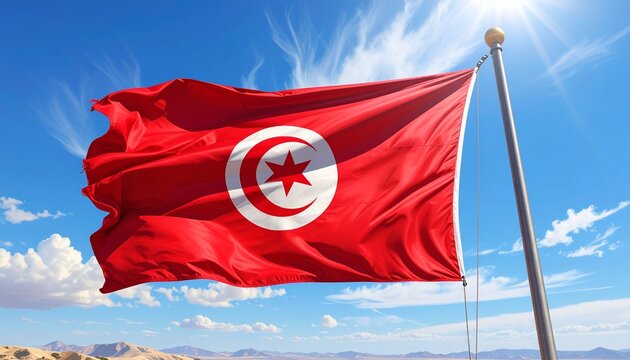 Tunisian flag with crescent and star flying high on a flagpole