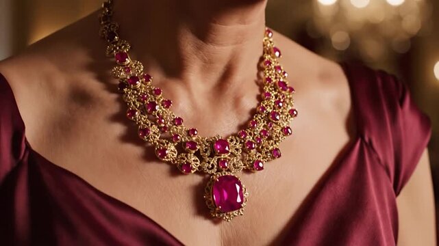Close-up of an elegant person wearing a gold and ruby necklace and matching ring