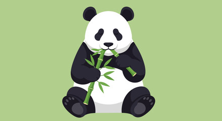 Cute panda bear eating bamboo vector illustration on a soft green background creating a peaceful © Kadal