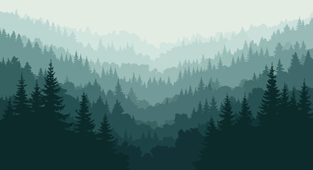 Enchanting forested landscape with misty mountains and coniferous trees gradient backdrop © Kadal