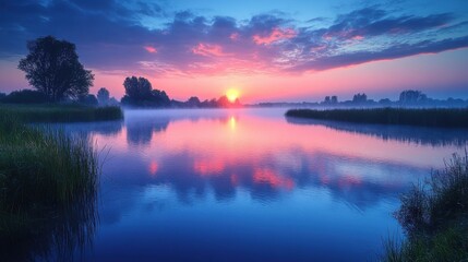 Obraz premium Serene Sunrise Over Misty Lake Reflecting Pink and Blue Sky in a Peaceful Rural Landscape