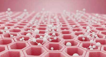 Obraz premium Molecular Structure with White Particles on Pink Hexagonal Grid, 3D Rendering