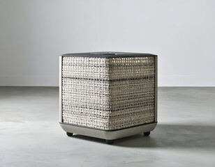 Woven cube-shaped object on a light gray surface, with a dark top