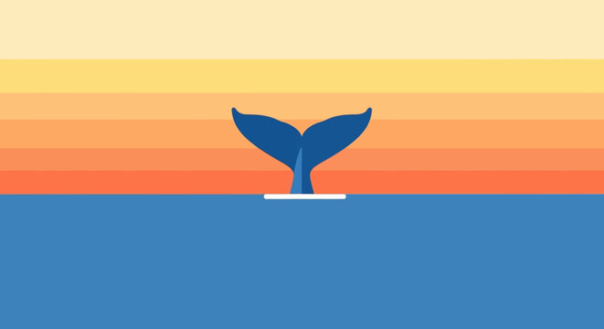 Whale tail breaching ocean surface during colorful sunset coastal artwork style
