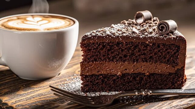 Delicious slice of chocolate cake and coffee, perfect dessert concept.