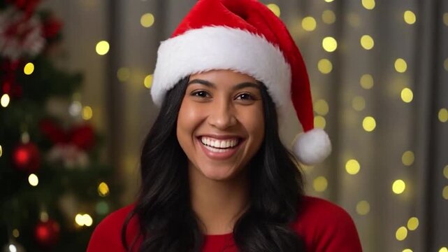 Joyful Woman in Santa Hat Smiling with Christmas Lights in Background.