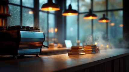 3d rendering of a coffee machine on the bar counter in a cafe, with books and lamps on top of it, a foggy window background, and soft lighting.
