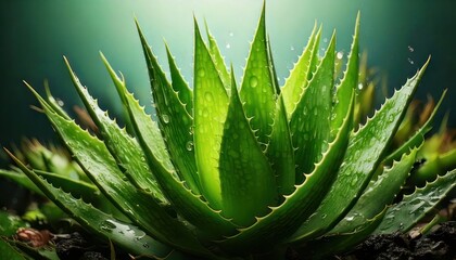 Fototapeta premium Close-up of a vibrant green aloe vera plant with water droplets on its leaves.