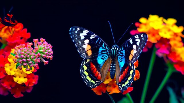 A vibrant butterfly with intricate wing patterns rests on colorful flowers against a dark background