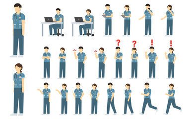 フラットイラスト：男女の看護師セット(緑の制服)