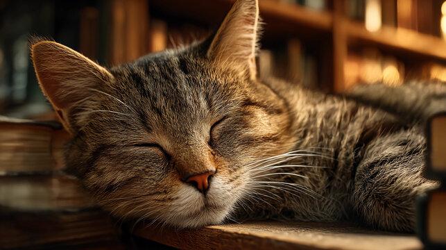 a close-up of an adorable cat sleeping on the bookshelf, bathed in warm sunlight that gently illuminates its fur and face.