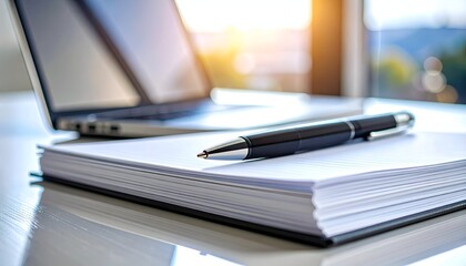 Pen on notepad next to laptop with blurred background sunlight
