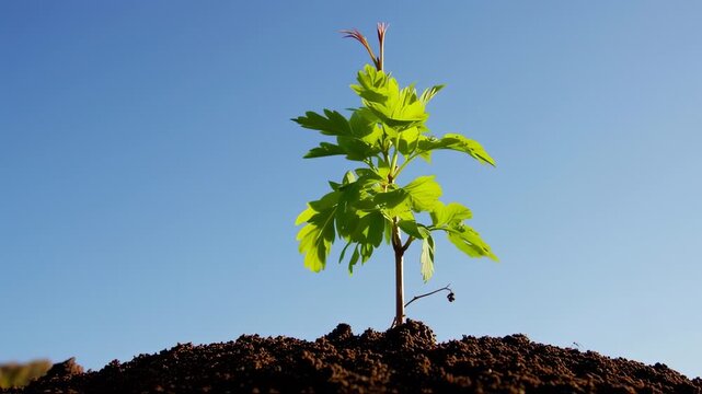 A vibrant young sapling, with bright green leaves, rises from rich soil under a clear blue sky