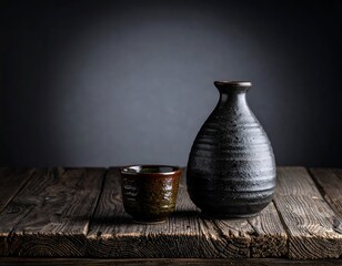 Japanese ceramic flask and cup on rustic wooden table, dark background