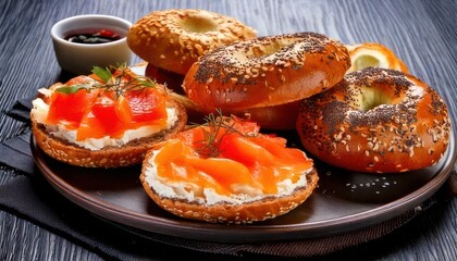 Delicious bagels with cream cheese and smoked salmon on a plate.