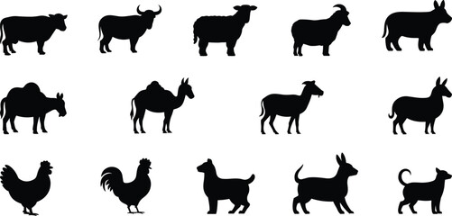 Collection of black animal silhouettes on white background cow silhouette bull silhouette