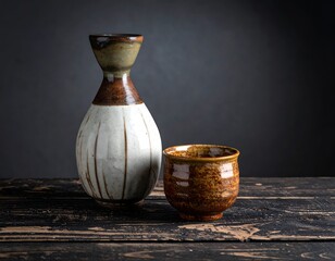 Earthenware sake carafe and cup on dark wood, moody lighting