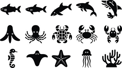 Collection of black silhouette marine animals and coral shark dolphin