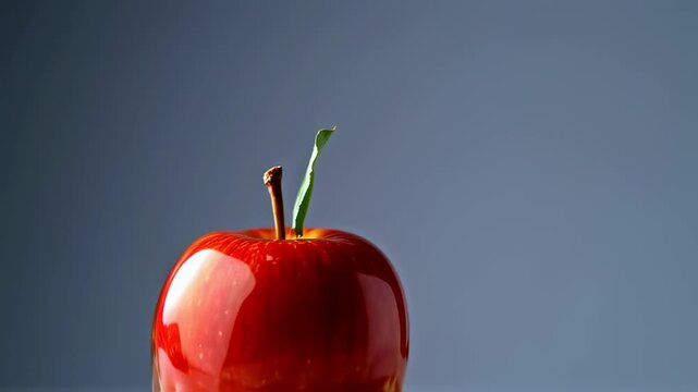 Caramel being poured on a candied apple with stem & leaf, glossy red surface