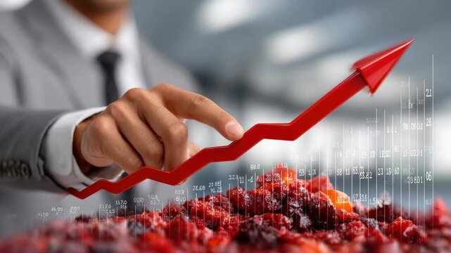A person in a suit points to a red arrow chart. Data floats over some red food