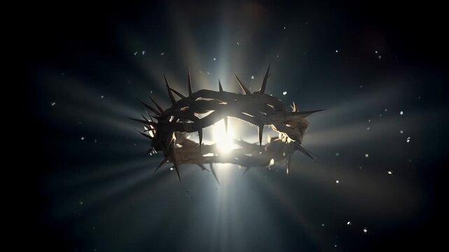 Crown of Thorns suspended in dark with light rays creating halo effect. Divine hopeful Easter resurrection theme, inspirational commercial metaphor