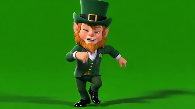 3D cartoon leprechaun dancing jig animation on solid green background