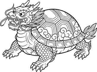 Fototapeta premium Mythical Bixi Dragon Turtle: Irezumi Style Black and White Line Art Illustration