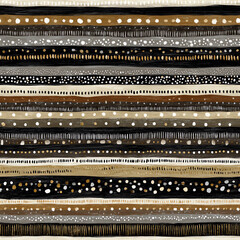 detailed abstract tribal pattern with stripes and dots, in a boho style, featuring earthy colors of brown, black, grey, and white with gold accents. hand-drawn, flat illustration.