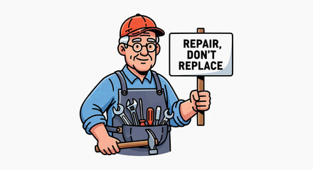 Fototapeta premium Experienced handyman promotes sustainable practices, holding a sign encouraging repair over replacement for a greener future and cost-saving solutions
