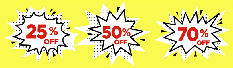 discount 25%, discount 50% discount 70%  banner template. comic pop art  discount sale vector
