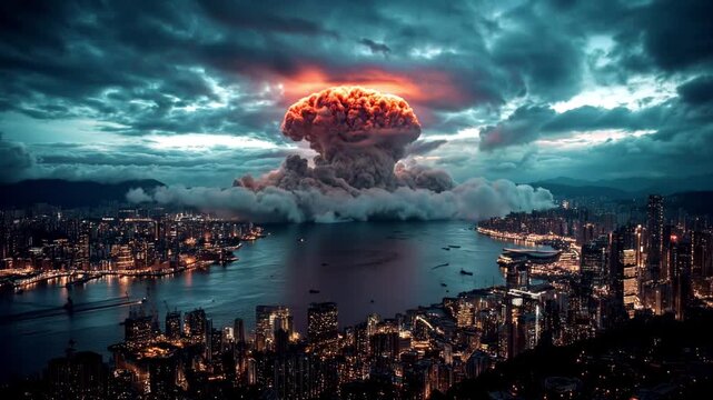 Nuclear bomb explosion with mushroom cloud of fire and smoke over a city