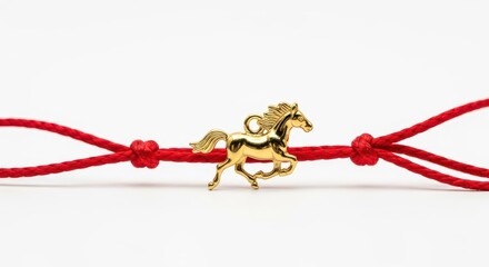 Fototapeta premium Golden equine charm adorns a bright crimson string secured by knots against a pure white background.