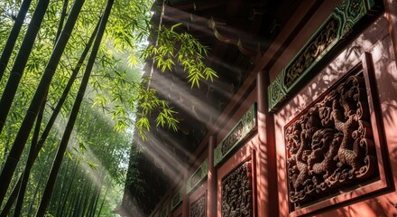 Dramatic sunbeams pierce through a dense bamboo forest alongside an ornate, traditional building exterior.