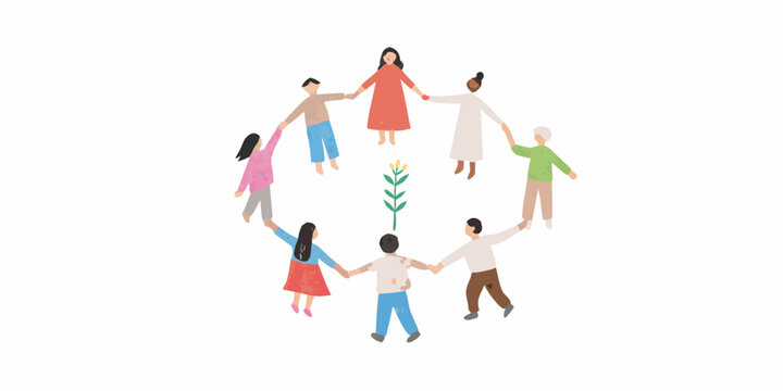 A diverse group of people holding hands in a circle with a plant
